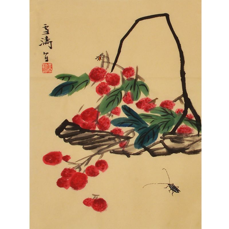 Wang Xuetao inspired hand-painted Chinese red berries and dragonfly painting