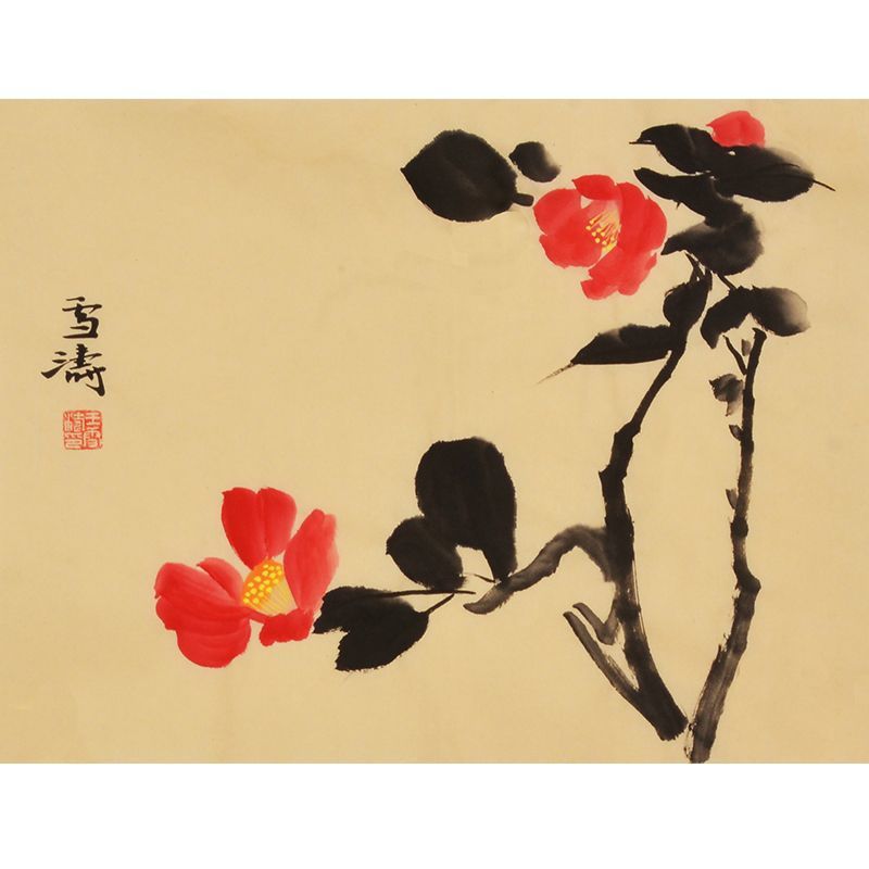 Wang Xuetao inspired hand-painted Chinese red camellia branch painting