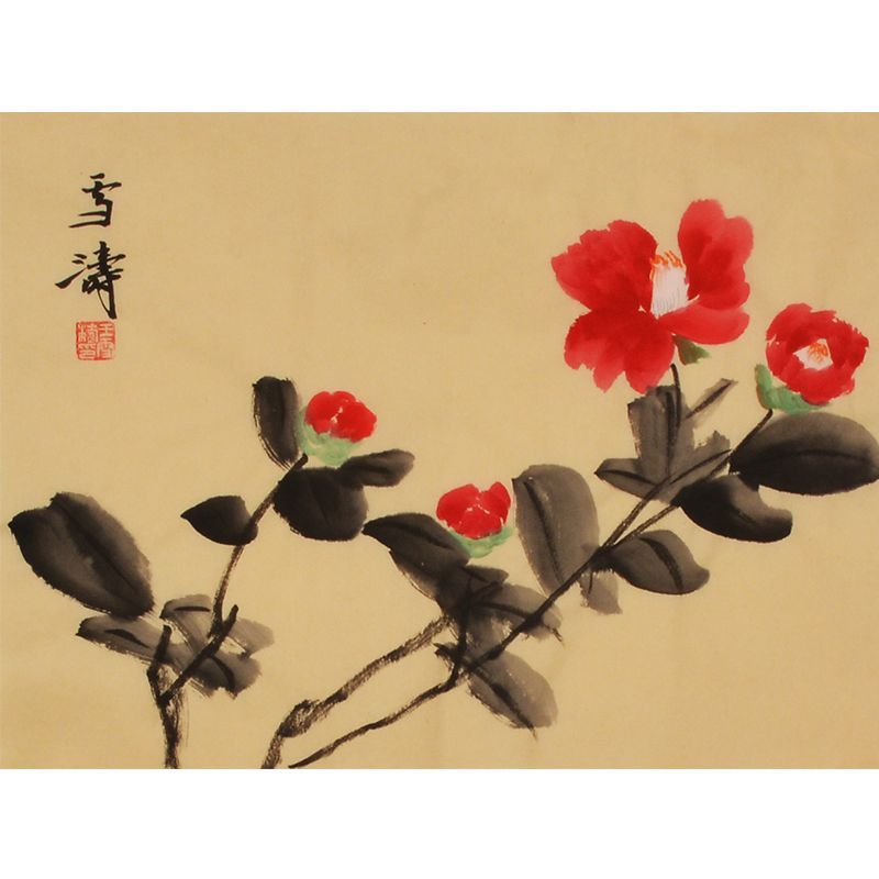 Wang Xuetao inspired hand-painted Chinese red camellia with expressive ink leaves
