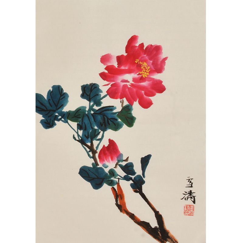 Wang Xuetao inspired hand-painted Chinese red peony branch painting, xieyi floral art