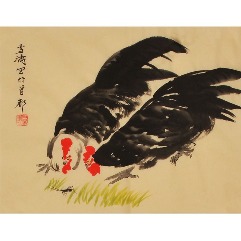 Wang Xuetao inspired hand-painted Chinese rooster foraging painting
