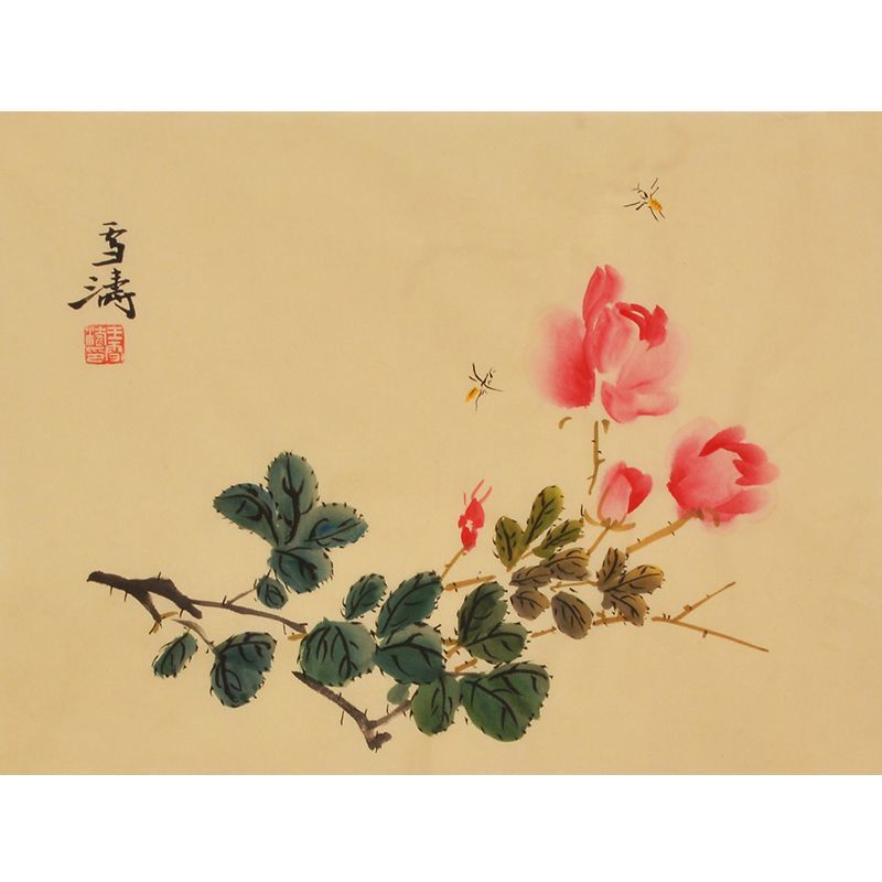 Wang Xuetao inspired hand-painted Chinese rose branch and butterflies painting
