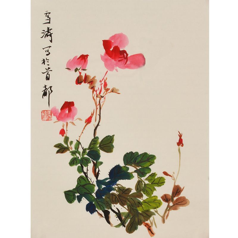 Wang Xuetao inspired hand-painted Chinese rose spray and butterfly painting