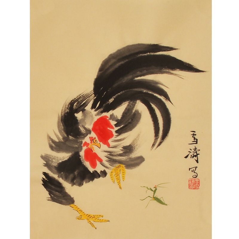 Wang Xuetao inspired hand-painted Chinese standing rooster painting