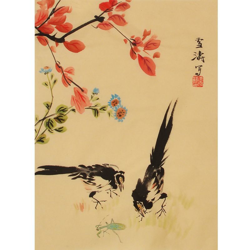 Wang Xuetao inspired hand-painted Chinese twin birds beneath red blossoms painting