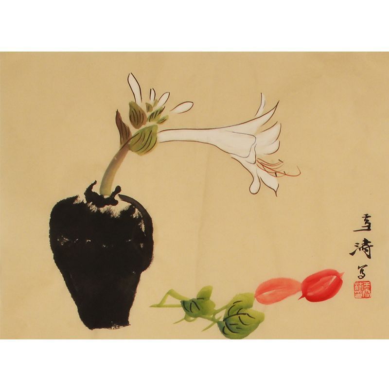 Wang Xuetao inspired hand-painted Chinese white flower and red fruit still life