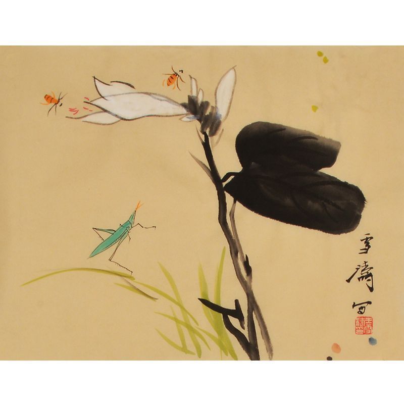 Wang Xuetao inspired hand-painted Chinese white magnolia and grasshopper painting