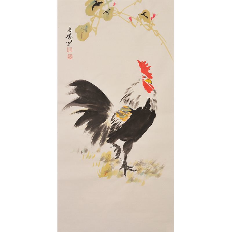 Wang Xuetao inspired hand-painted Chinese rooster beneath autumn vine leaves and red buds, minimalist xieyi wall art