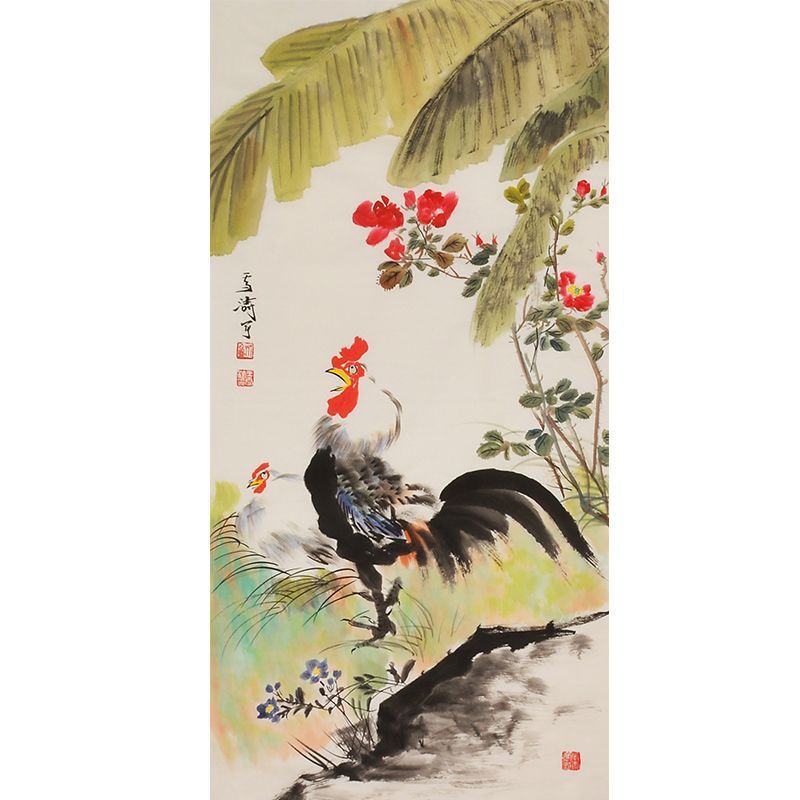 Wang Xuetao inspired hand-painted Chinese rooster beneath banana leaves and red blossoms, traditional xieyi wall art
