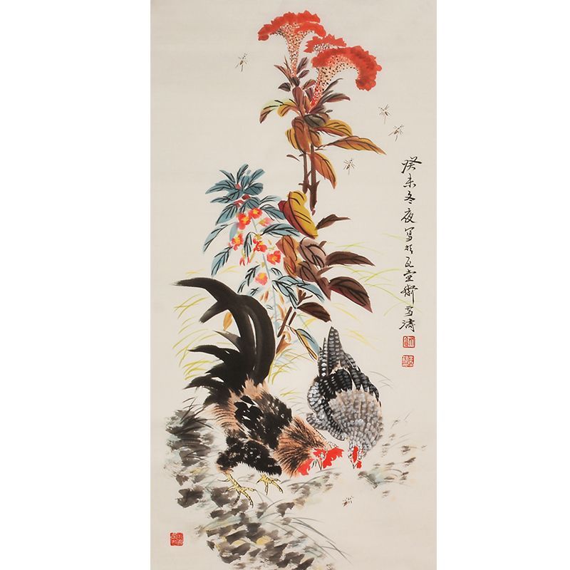 Wang Xuetao inspired hand-painted Chinese rooster family beneath red cockscomb flowers, expressive xieyi painting