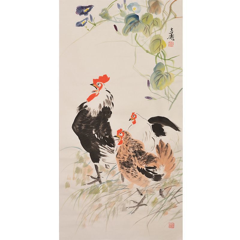 Wang Xuetao inspired hand-painted Chinese rooster family beneath morning glory vine, auspicious flower-and-bird painting
