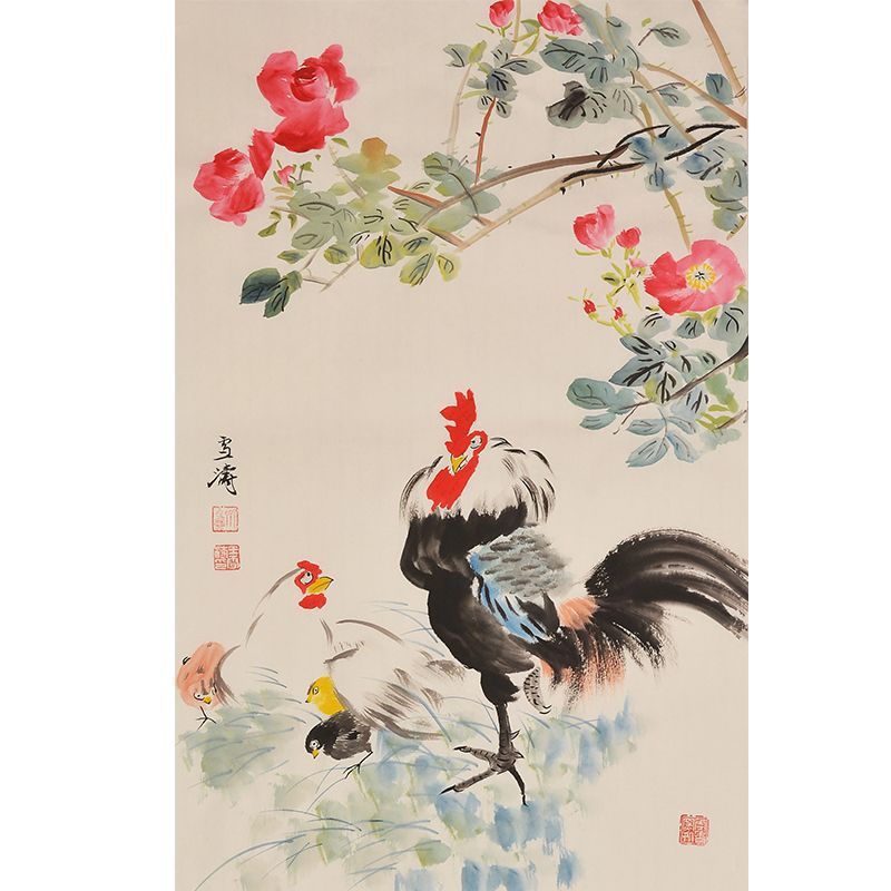 Wang Xuetao inspired hand-painted Chinese rooster family beneath red rose blossoms, traditional flower-and-bird painting