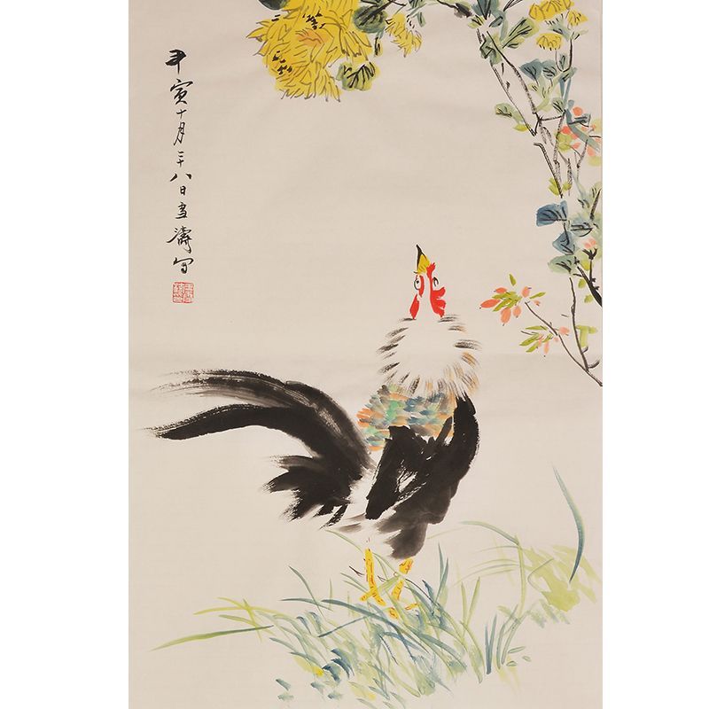 Wang Xuetao inspired hand-painted Chinese rooster painting beneath golden chrysanthemums, xieyi flower-and-bird art