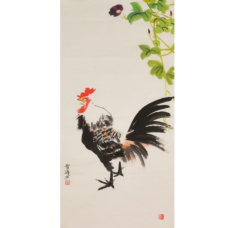 Wang Xuetao inspired hand-painted Chinese rooster beneath green vine and purple bloom, traditional ink-and-color painting