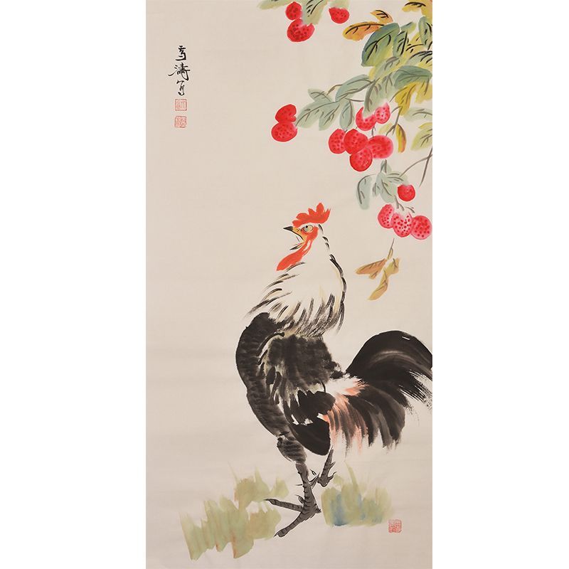 Wang Xuetao inspired hand-painted Chinese rooster beneath red lychee branch, auspicious flower-and-bird wall art