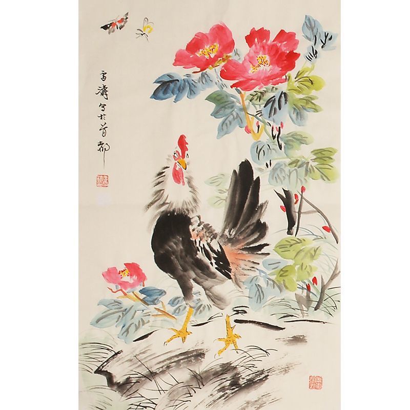 Wang Xuetao inspired hand-painted Chinese rooster with red peonies and butterflies, auspicious floral wall art