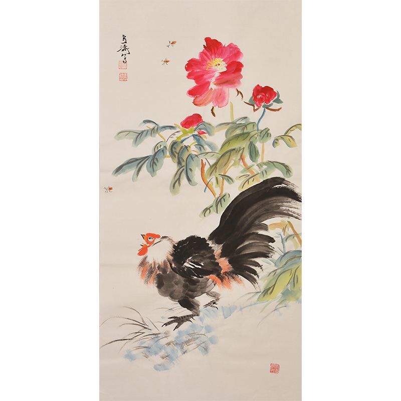 Wang Xuetao inspired hand-painted Chinese rooster beneath pink peony with insects, expressive xieyi painting