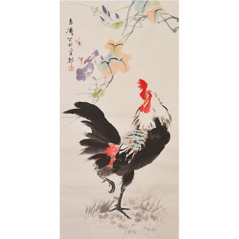 Wang Xuetao inspired hand-painted Chinese rooster beneath purple morning glory flowers and insects, xieyi wall art
