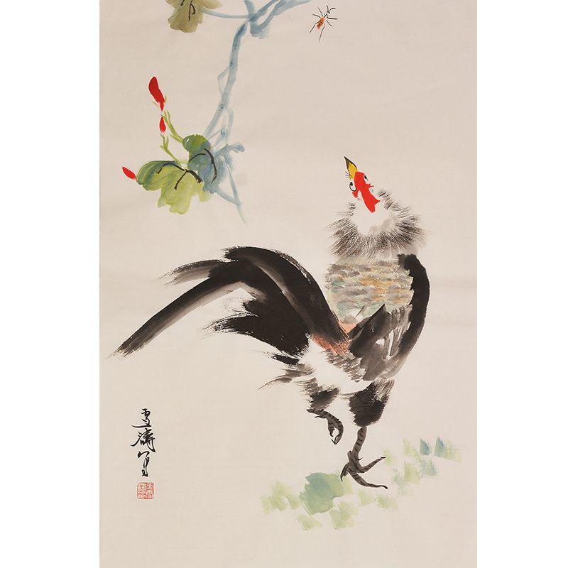 Wang Xuetao inspired hand-painted Chinese rooster beneath red flower buds, minimalist xieyi ink painting