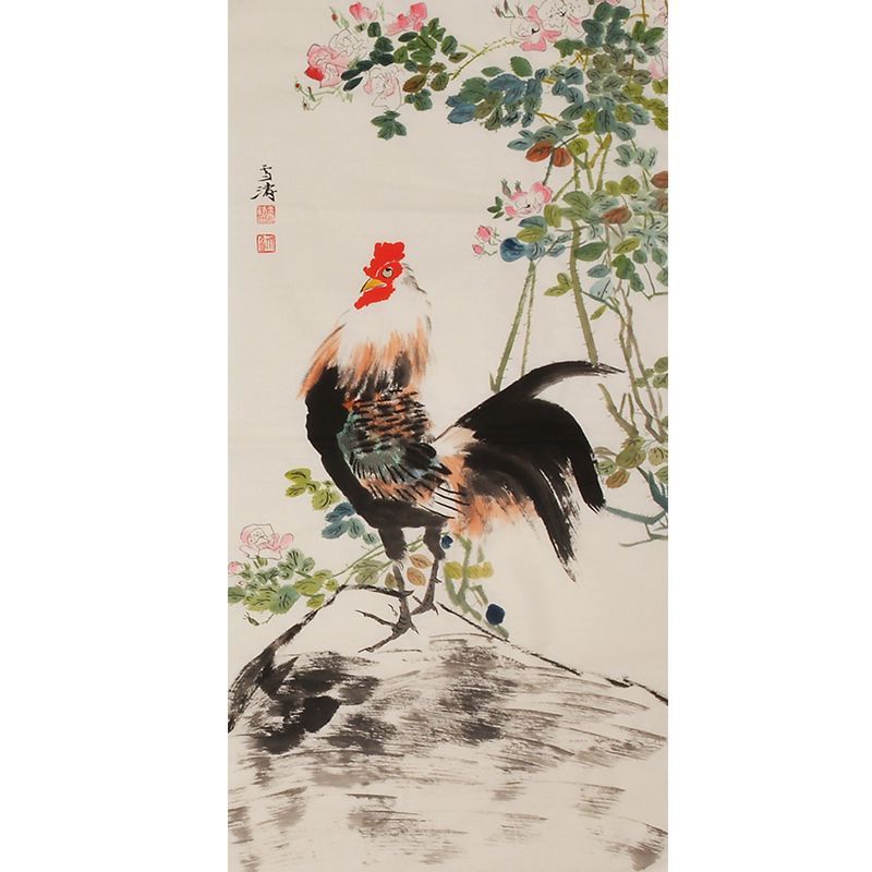 Wang Xuetao inspired hand-painted Chinese rooster on rock beneath red berries and flowering branches