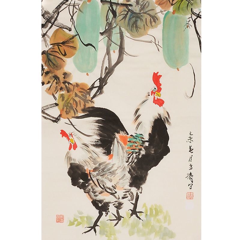 Wang Xuetao inspired hand-painted Chinese twin roosters beneath gourds, auspicious xieyi zodiac rooster painting