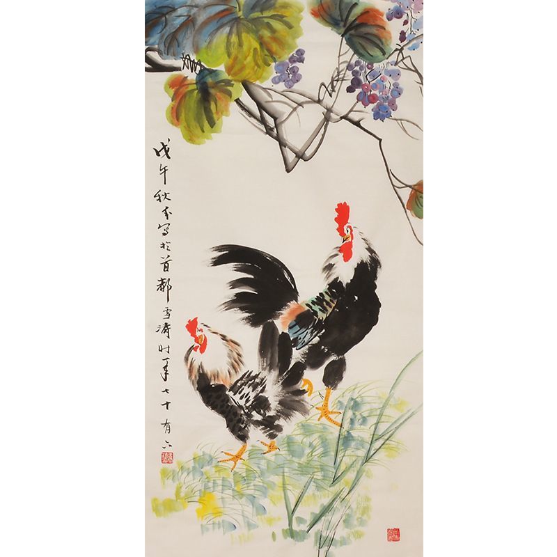 Wang Xuetao inspired hand-painted Chinese twin roosters beneath grape vine, auspicious zodiac rooster wall art