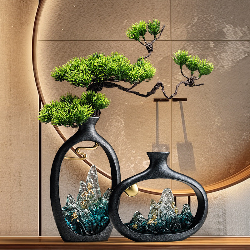 New Chinese welcoming pine mountain vase ornament in black resin