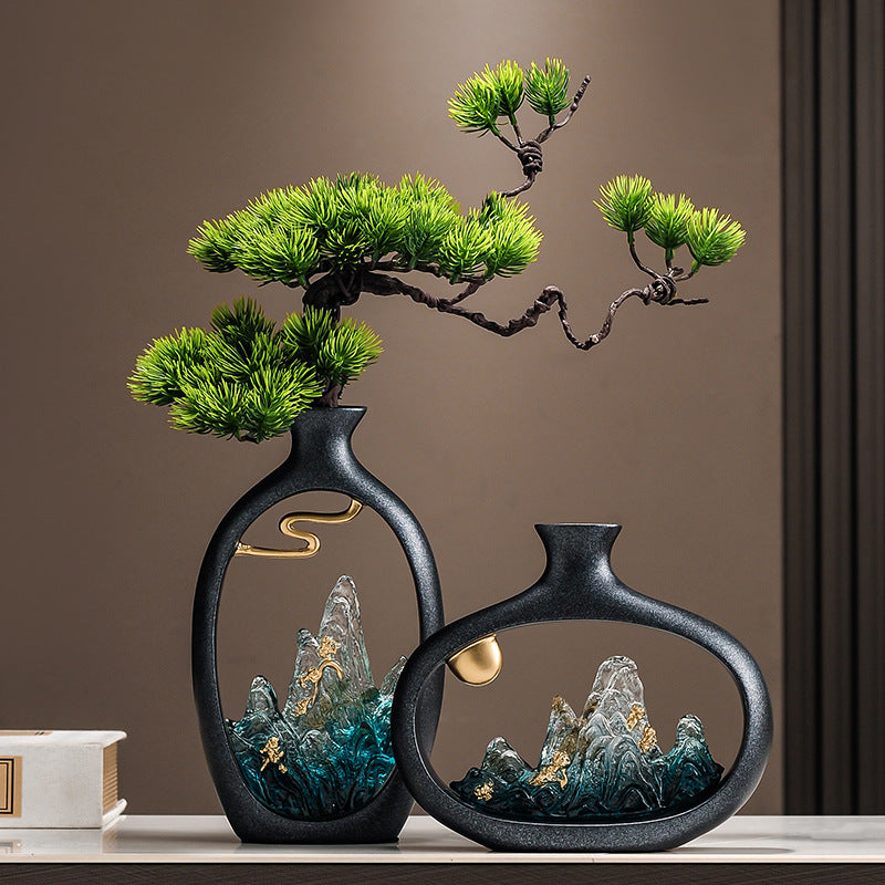 New Chinese botanical mountain vase ornament for console styling
