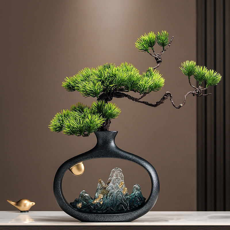Welcoming pine and auspicious berry mountain vase tabletop decor