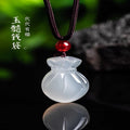 White chalcedony lucky bag pendant with red bead and woven cord