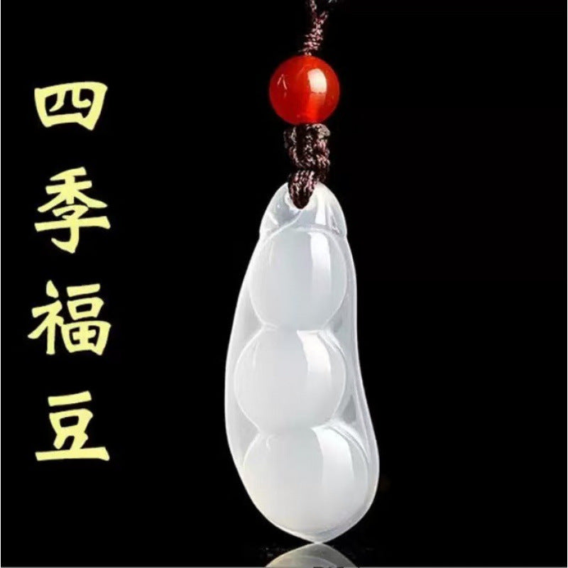 White chalcedony four-season bean pendant with red bead