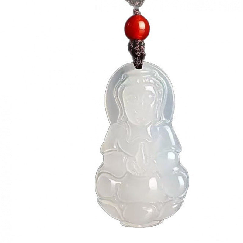 White chalcedony Guanyin pendant with detailed polished carving