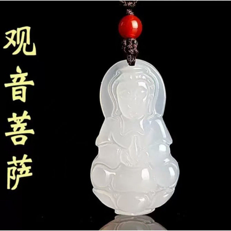White chalcedony Guanyin pendant with red bead and woven cord