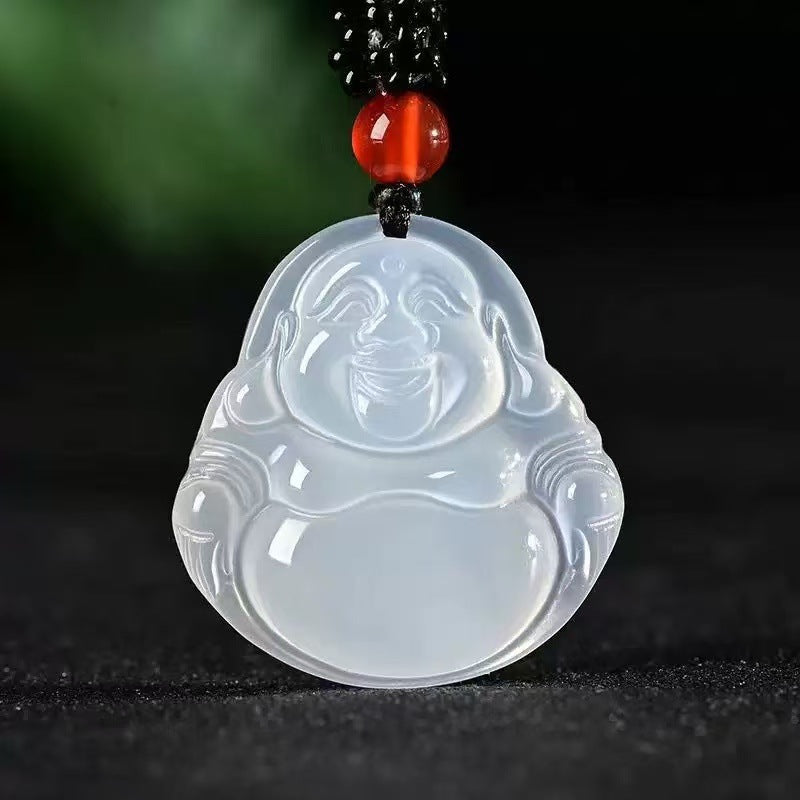 White chalcedony Laughing Buddha carved pendant