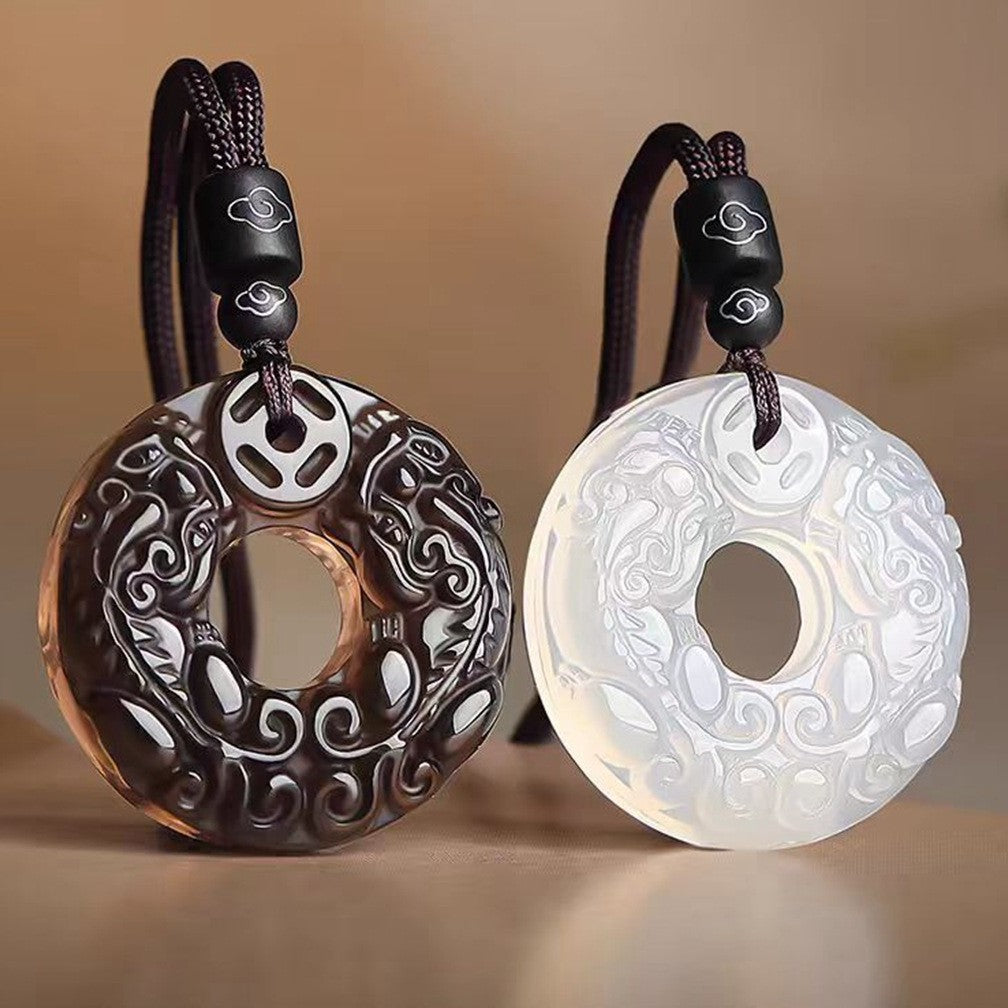 White chalcedony double Pixiu safety buckle carved pendant