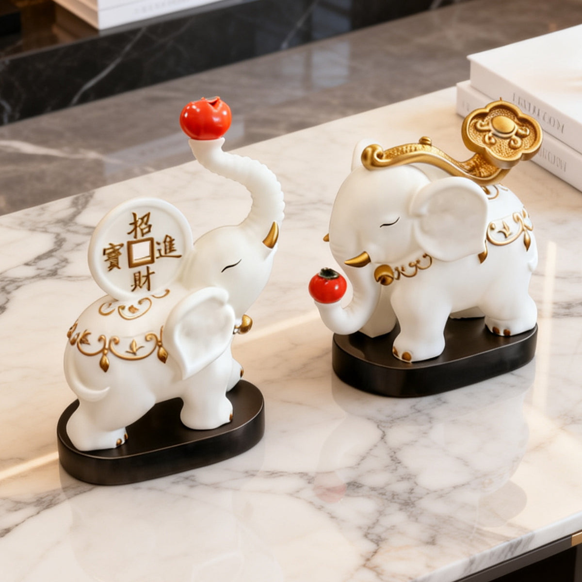 White lucky elephant sculptures viewed from above for entryway and TV cabinet styling
