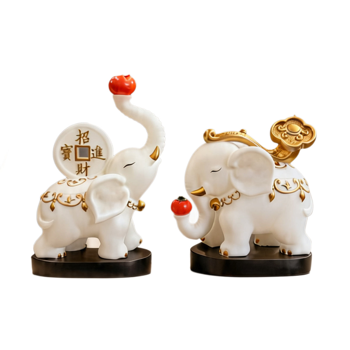White prosperity elephant ornament pair on a clean white background