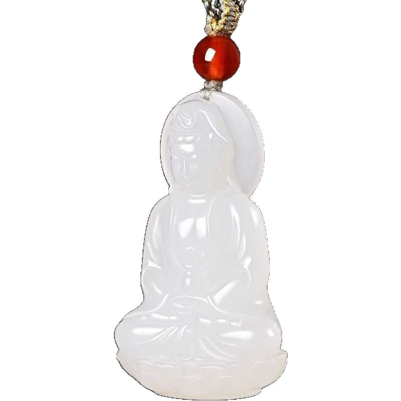White Guanyin pendant with red bead and seated bodhisattva carving