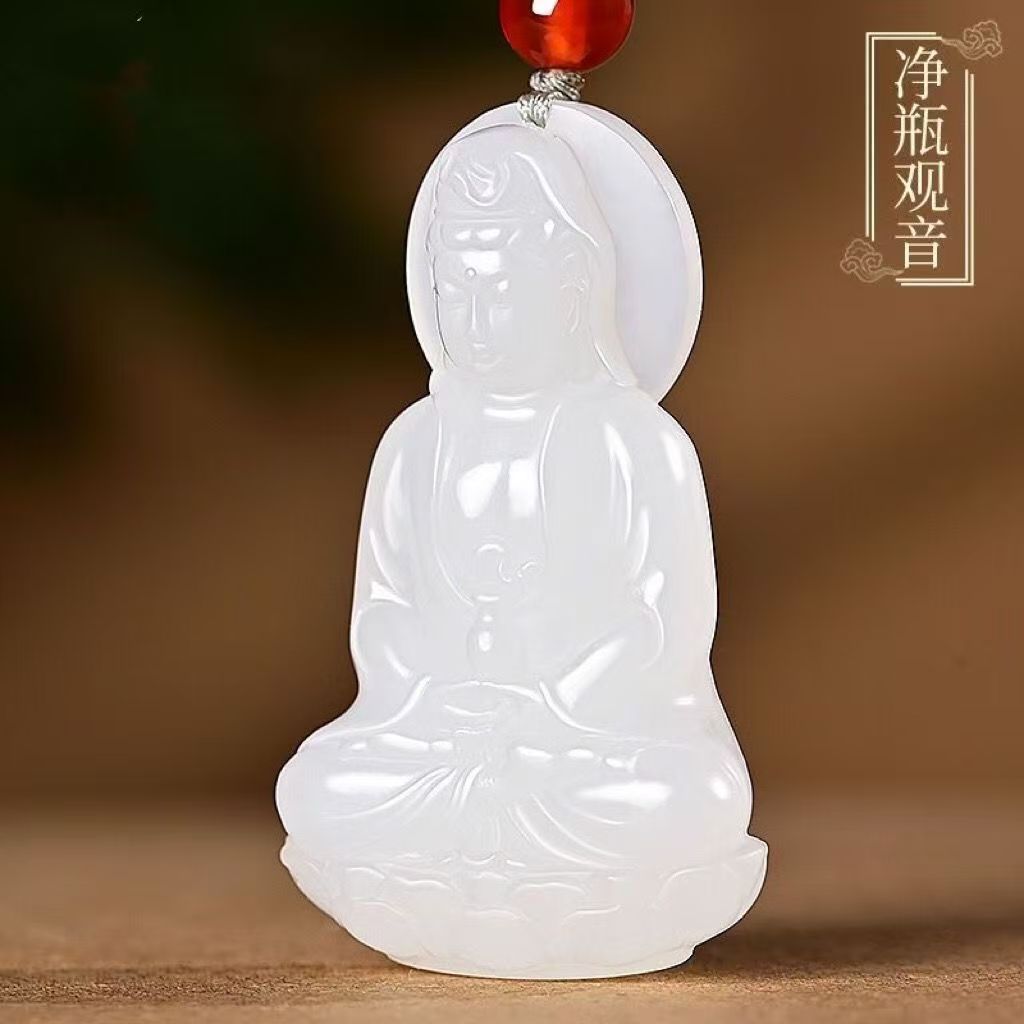 White Guanyin devotional pendant on warm brown background