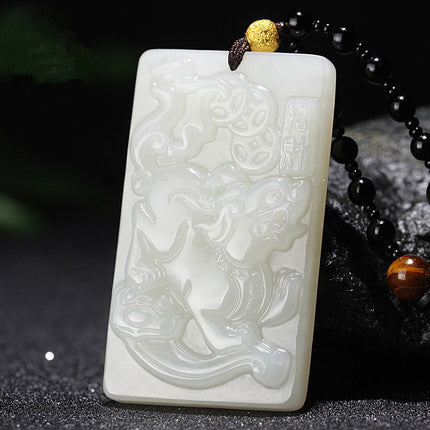 Certified natural white Hetian jade Pixiu plaque pendant relief carving