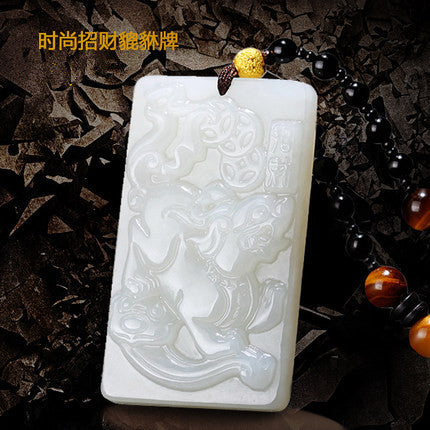 Natural Hetian jade Pixiu amulet pendant with woven bead cord
