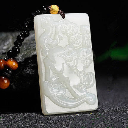 Polished white Hetian nephrite Pixiu plaque pendant angled view