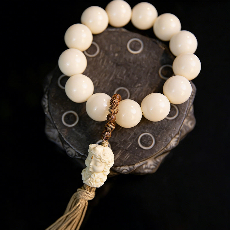 White Jade Bodhi-style hand mala with large ivory beads, Dumu-style carved focal and tassel