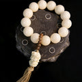 White Jade Bodhi-style hand mala with large ivory beads, Dumu-style carved focal and tassel