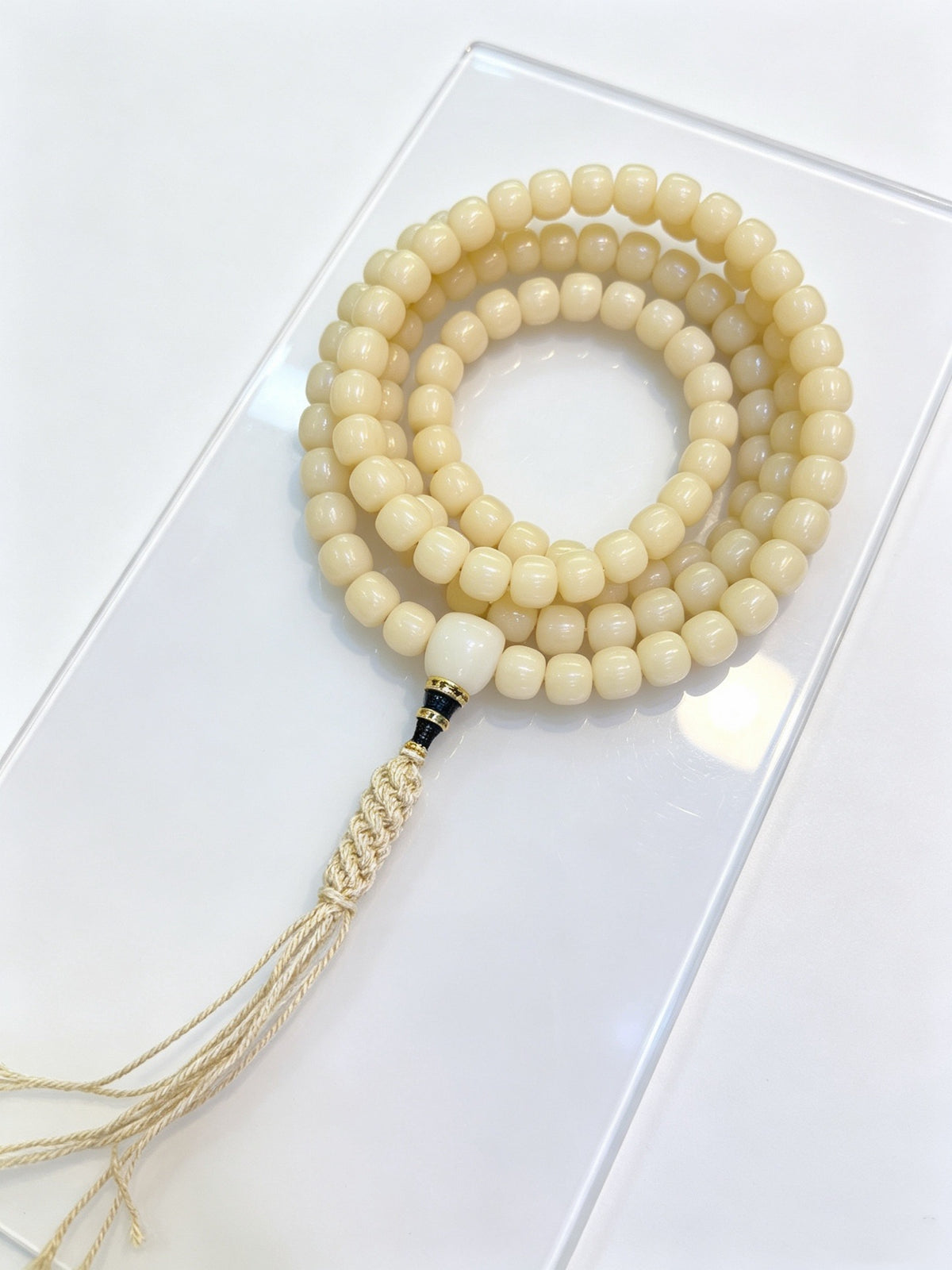 White Jade Bodhi cream prayer bead mala with hand-knotted cord and tassel