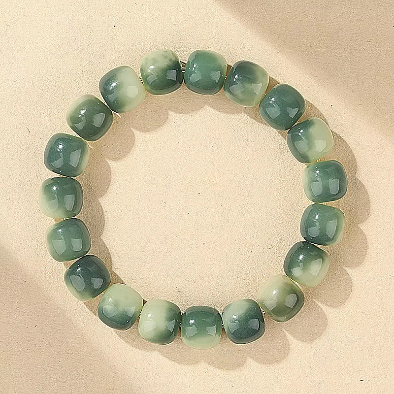 White Jade Bodhi Root bracelet with green gradient cube-style beads
