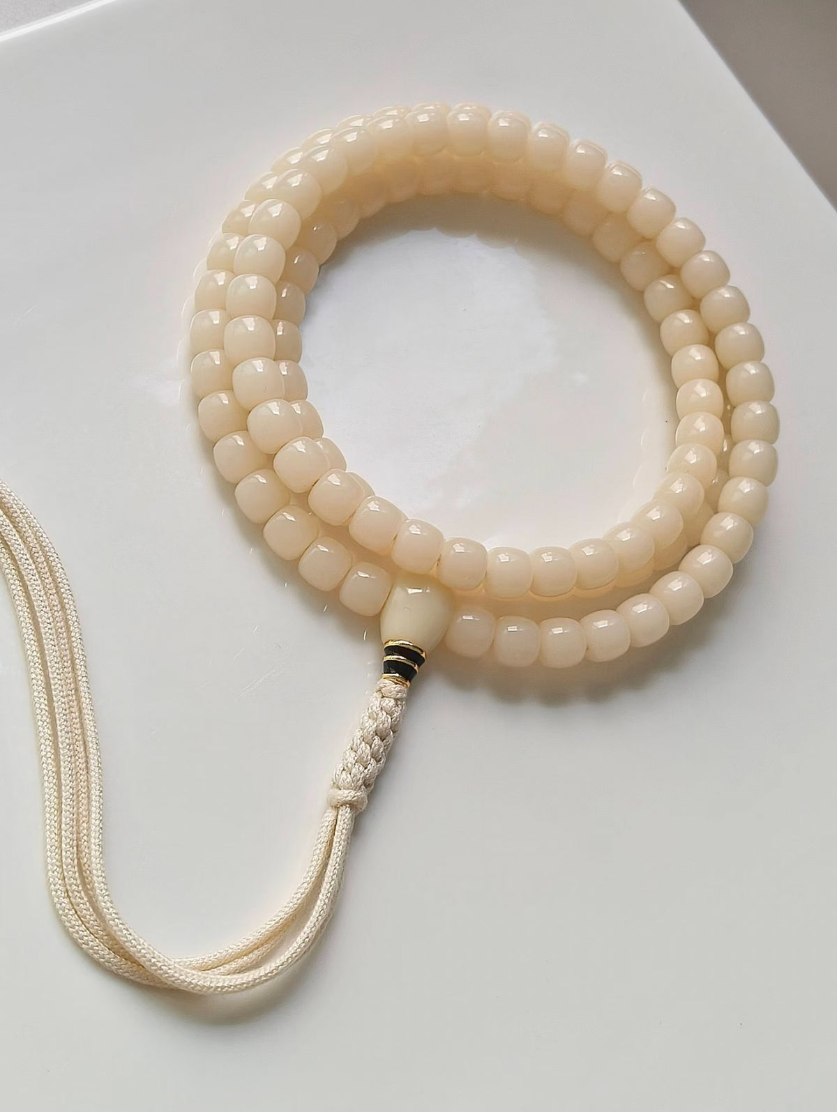 White Jade Bodhi Soft White Quiet Mind 8x9mm prayer bead mala in warm ivory tone