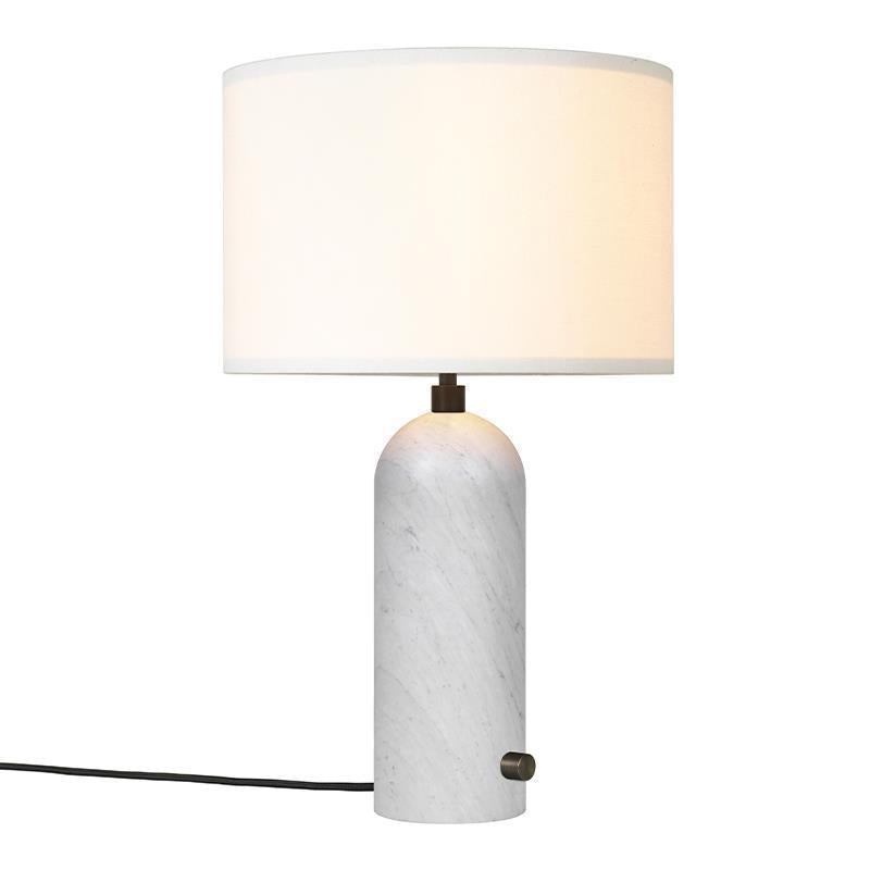 White marble Gravity table lamp with linen drum shade alternate view