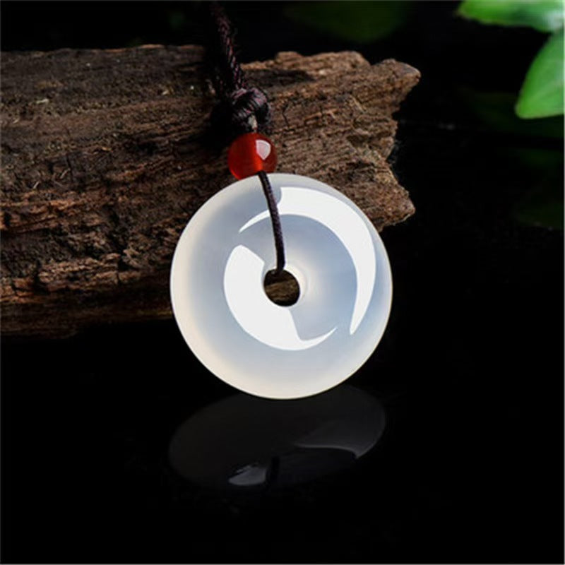 Certified natural White Moonlight chalcedony safety buckle pendant with red bead