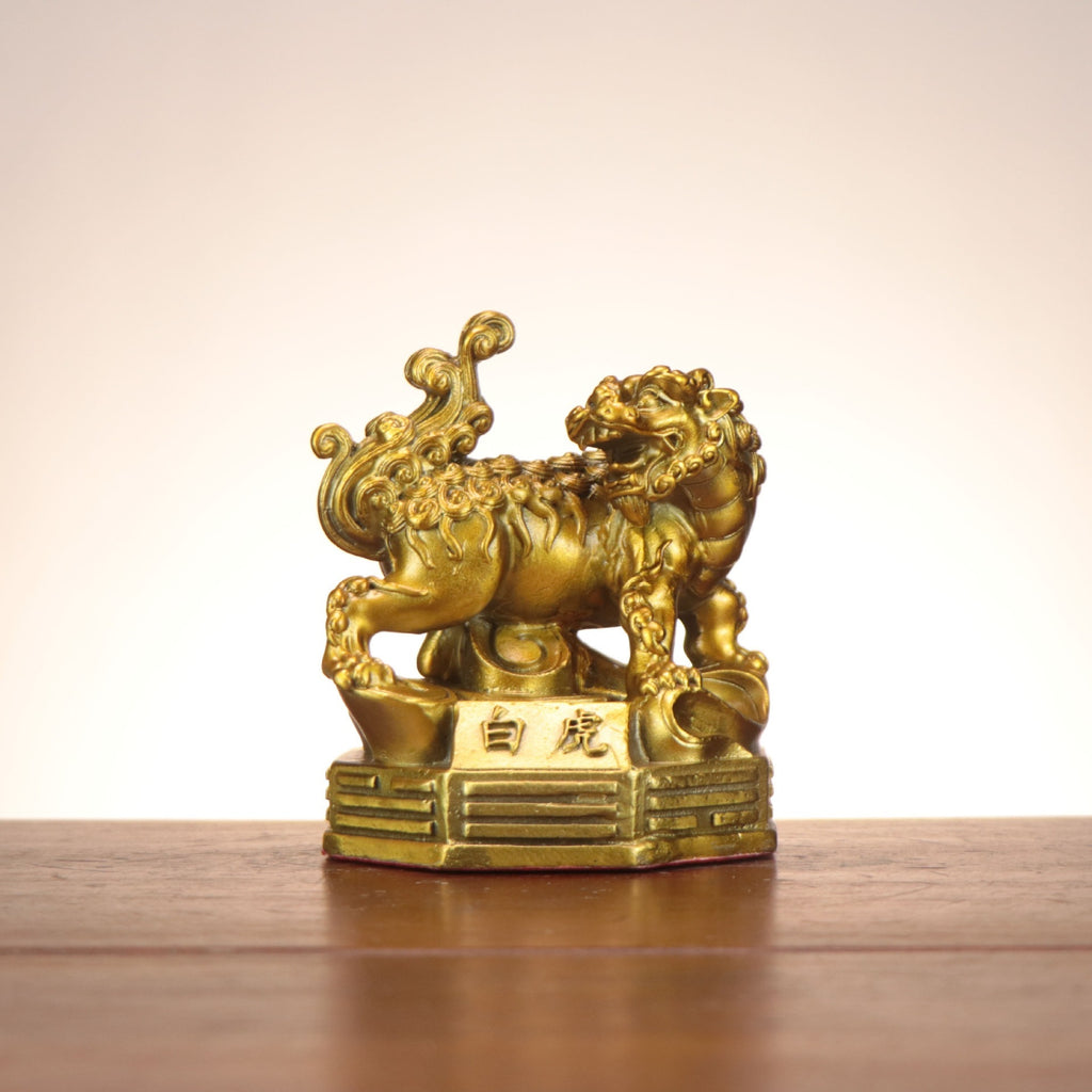 White Tiger Baihu Chinese guardian beast sculpture in antique gold copper-tone finish